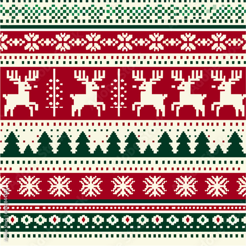Seamless Ugly Christmas Sweater Pattern Vector. Knitted Pixel Art Holiday Background with Reindeer and Snowflakes. Red Green Fair Isle Texture
