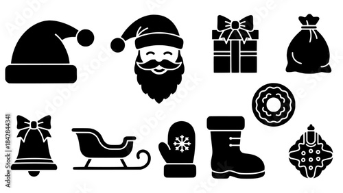 Set of Christmas icons including Santa, gift, sleigh, and more