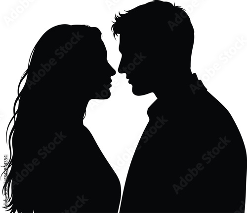 Silhouette of a loving couple embracing intimately with their faces close together creating a romantic atmosphere and connection. isolated on white background