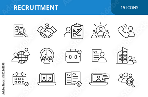 Set of recruitment and employment icons representing hiring process, job search, human resources, career development, interviews, resume, teamwork, onboarding, and workforce management.