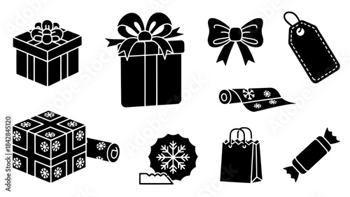Christmas gift wrapping supplies and festive holiday icons