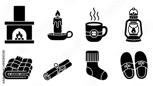 Cozy Winter Home Icons Fireplace, Candle, Mug, Lantern, Blanket, Cinnamon, Sock, Slippers