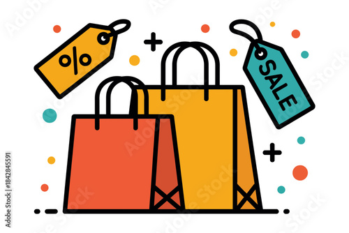 Colorful shopping bags with sale and percent discount tags representing retail promotions and consumer purchases