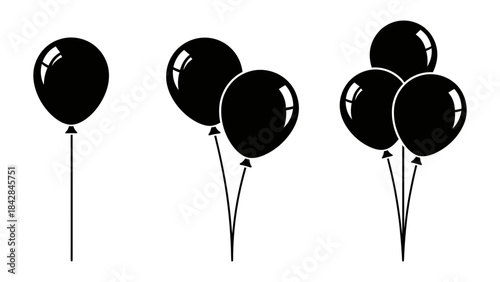 A collection of black balloons arranged in groups of one, two, and four, presented in a simple silhouette style