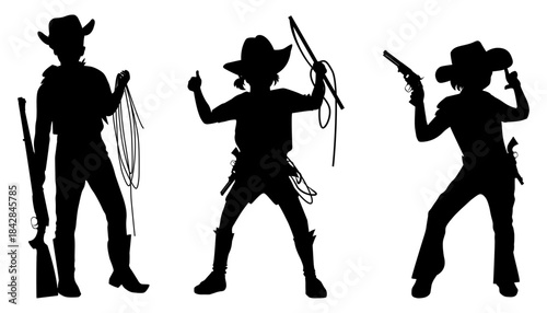 Children silhouettes in cowboy costumes. Vector illustration	
