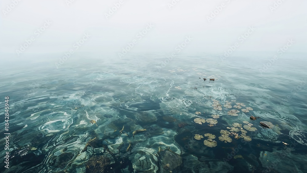 Obraz premium Aqua marine landscape with aquatic plants and a partially submerged area. Nature and water ecosystem. Water and aquatic environment. The concept of aquatic life and underwater scenery