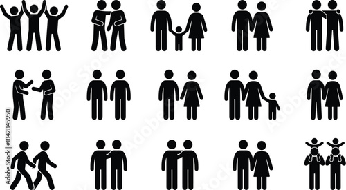 Human interaction, relationship icons, black silhouette, family figures, social connection, vector design, people posture, community symbol, illustration, gridHuman interaction