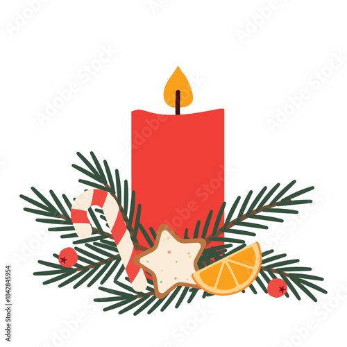 festive, christmas, advent candle decorated with fir twigs, candy cane, slice of orange and berries; cozy holiday arrangement, winter seasonal decoration - vector illustration