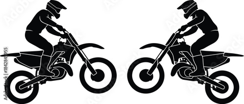 Motocross riders, dirt bike, black silhouette, off-road sport, helmet gear, racing posture, vector icon, extreme action, illustration, symmetryMotocross riders, dirt bike, black silhouette