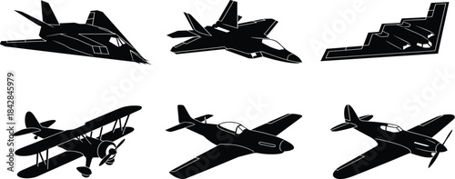 Military aircraft, jet fighter, stealth bomber, propeller plane, vintage aircraft, aviation silhouette, black vector, warplane icon, illustration, gridMilitary aircraft, jet fighter, stealth bomber