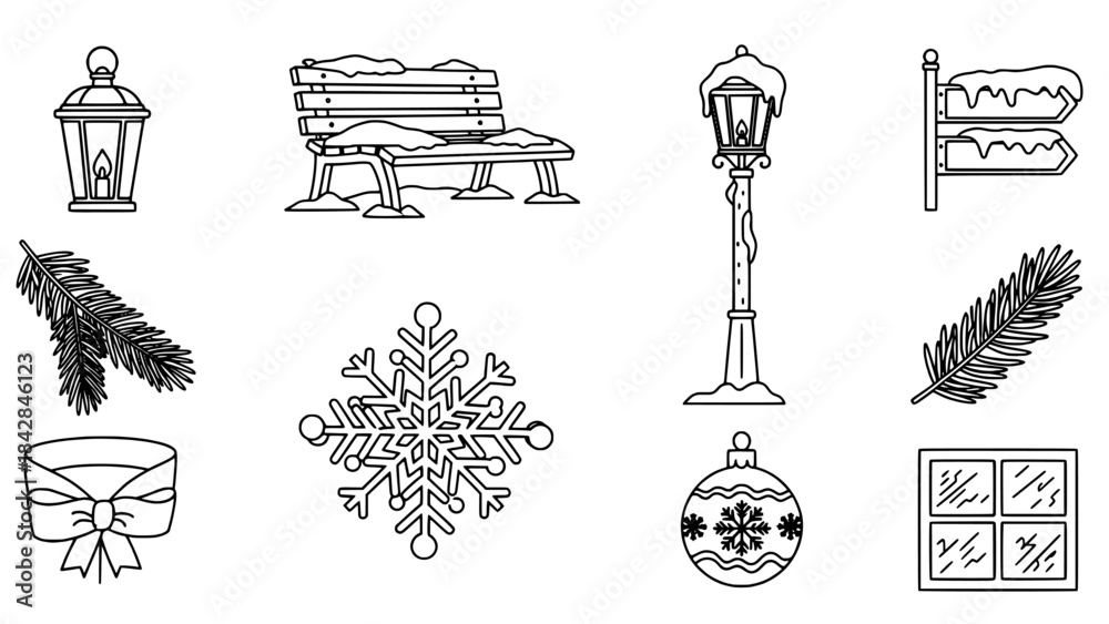 Fototapeta premium Charming Collection of Winter Holiday Line Art Illustrations and Decorative Elements Set