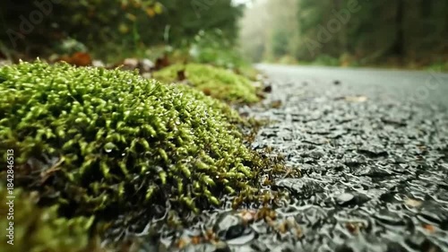 Wet Asphalt And Moss Beside A Path In A Misty Forest Landscape Close Up