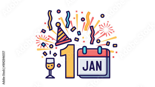 Happy New Year Celebration with Fireworks and Party Hat