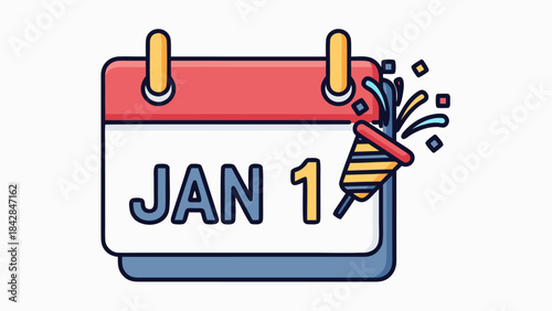 Vibrant Calendar Page Icon Showing January First with Party Popper for New Year Festivities and Beginnings