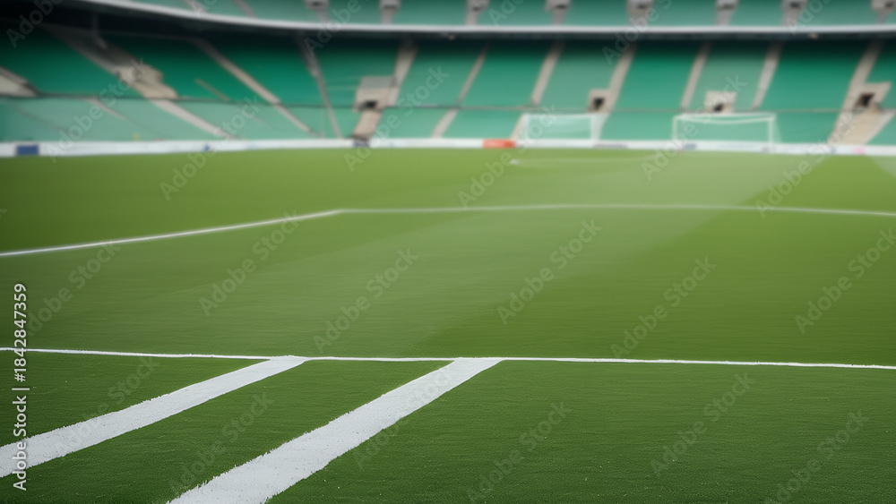 Fototapeta premium Empty Soccer Field Line in Large Stadium with Green Seats