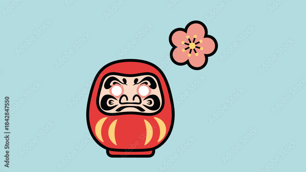 Obraz premium Cute Cartoon Daruma Doll with Blossoming Cherry Flower Illustration for Japanese Culture and Celebratory Themes