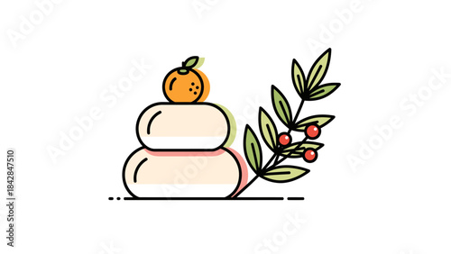 Colorful Japanese Kagami Mochi with Mandarins and Green Leaf Decoration for Traditional Celebrations