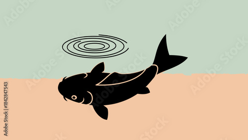 Cute Black Goldfish Swimming in Light Green Water with Ripples Against Sandy Surface, Ideal for Aquarium & Pet Care Advertising