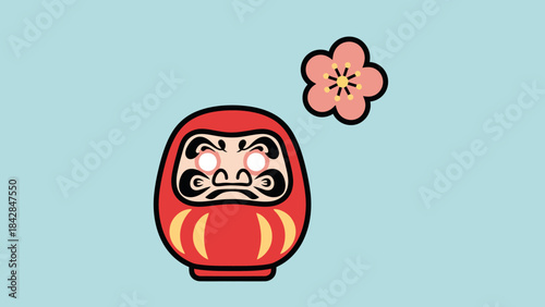 Cute Cartoon Daruma Doll with Blossoming Cherry Flower Illustration for Japanese Culture and Celebratory Themes