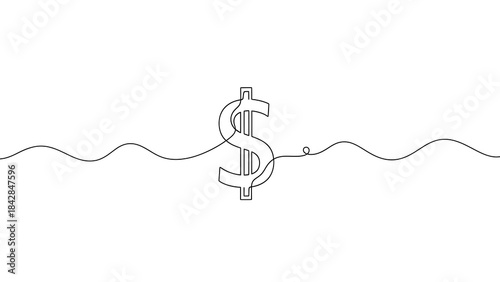 Minimalist one continuous line drawing of a dollar currency sign on a white background