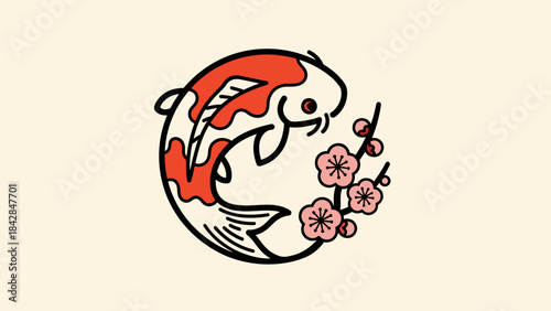 Elegant Koi Fish with Cherry Blossoms Illustration Symbolizing Serenity and Cultural Beauty in Asian Art