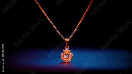 Gold Necklace with Pendant Featuring 2022 Year on Dark Background