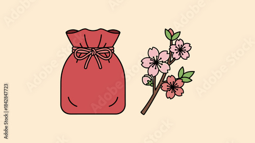 Elegant Red Gift Bag with Beautiful Cherry Blossom Branch for Celebrations or Springtime Decor