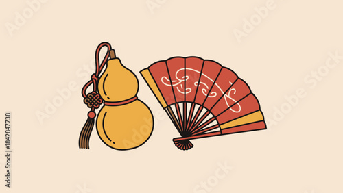 Elegant Traditional Chinese Hand Fan and Gourd Necklace Illustration for Cultural and Artistic Designs