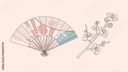 Elegant Traditional Hand Fan and Delicate Blossom Branch in Soft Pastel Tones for Cultural and Artistic Designs