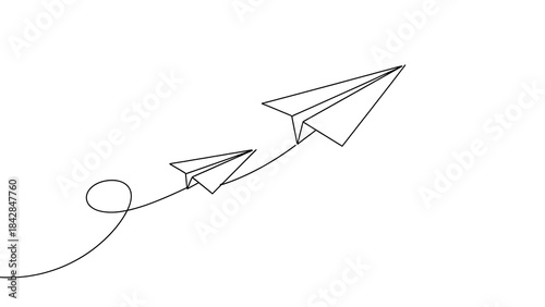 One continuous line drawing of two paper airplanes soaring upwards on a white background