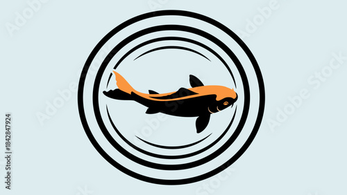Minimalist Illustration of an Ornamental Fish Swimming in Concentric Ripples with Light Blue Background