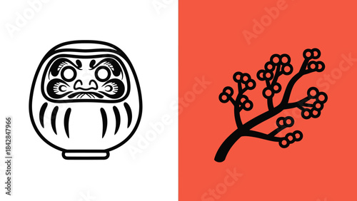 Minimalist Japanese Daruma Doll and Elegant Tree Branch Illustration for Cultural and Artistic Design