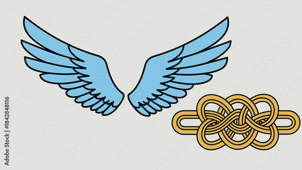 Obraz premium Stylized Blue Angel Wings and Golden Knotted Ribbon for Inspirational or Spiritual Themes