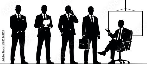 Business team silhouettes in corporate meeting, professional roles, office presentation, leadership communication, teamwork, strategy, collaboration, success, productivity, workplace dynamics.