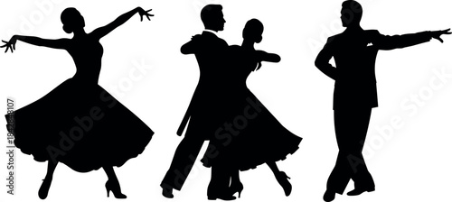 Elegant ballroom dancers silhouette set featuring solo and couple poses, perfect for dance-themed vector illustrations, posters, and design projects.
