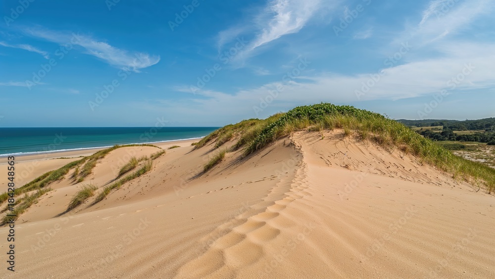 Fototapeta premium A sandy beach with dunes and grass under a partly cloudy sky near the ocean.