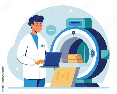 Male doctor using laptop near MRI machine