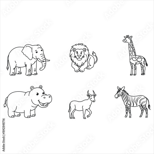 Safari animals line art vector set. Cute illustration of elephant, lion, giraffe, hippo, antelope and zebra. Coloring book page for kids.