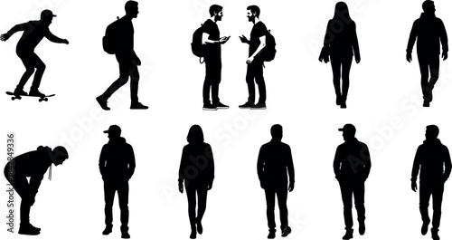 Silhouettes of people walking, talking, skateboarding, standing in various poses and postures for urban lifestyle and fashion design concepts