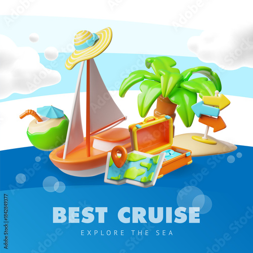 Sailboat on the tropic island with palm tree on sand, Best cruise, explore the sea 3D vector poster, Time to travel