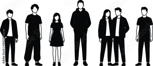 Silhouettes of diverse casual people standing together, fashion styles, urban lifestyle, social connection, modern clothing, vector illustration for design
