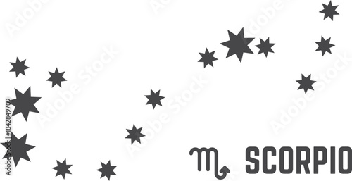 A black and white image of a starry sky with the word Scorpio written in white