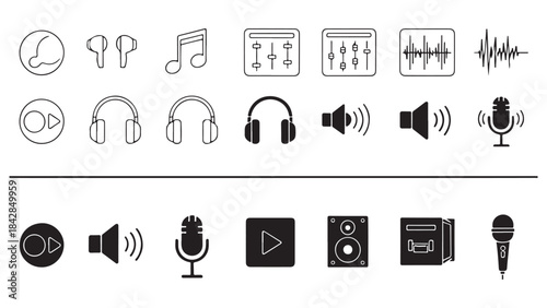 Audio and Music Production Vector Icons: Sound, Volume, Headphones, Microphones, and Equalizer
