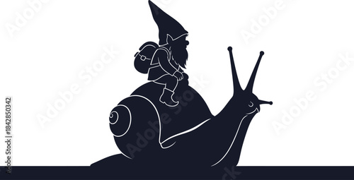 Whimsical silhouette of a person riding a giant snail silhouette against a textured background representing a dreamy journey or fantasy adventure isolated on white background