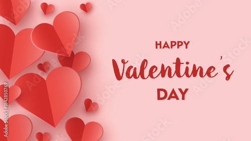 Happy Valentine’s Day greeting card with flying paper cut hearts. Vector illustration