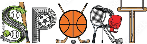 Sports Alphabet Letters with Equipment.