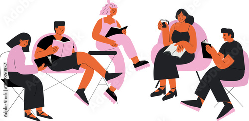 A group of people are sitting together and reading books