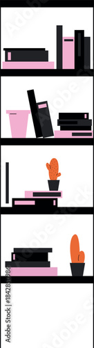 A bookcase with a pink and black books on shelves