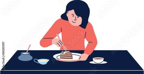 A woman is eating a piece of cake at a table