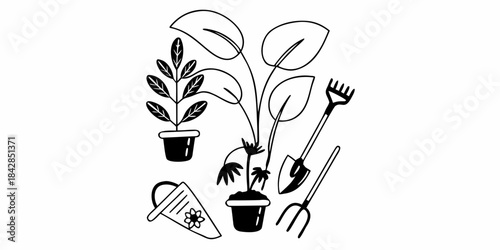 A collection of hand-drawn illustrations depicting gardening tools and potted plants, ideal for nature and hobby-related themes